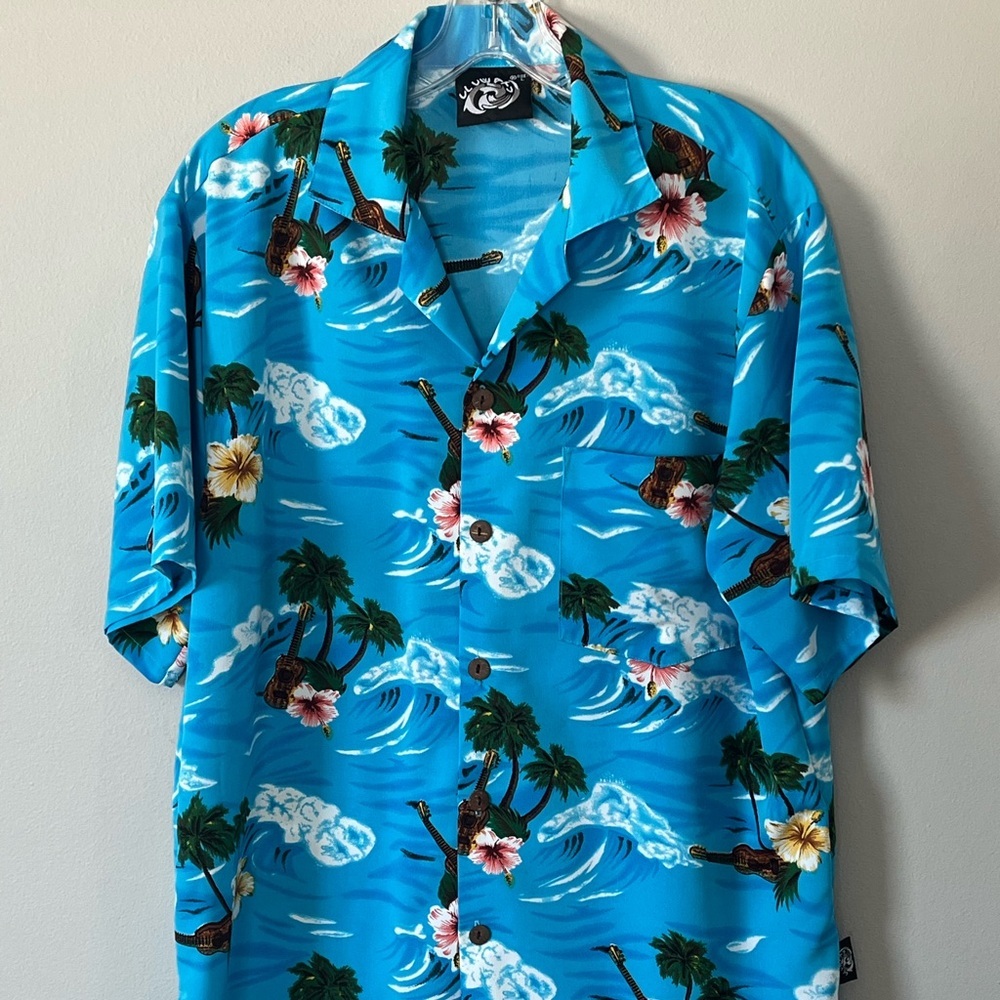 Uluwatu Collection Summer Hawaiian Mens Shirt Palm Tree Blue White Short Sleeve